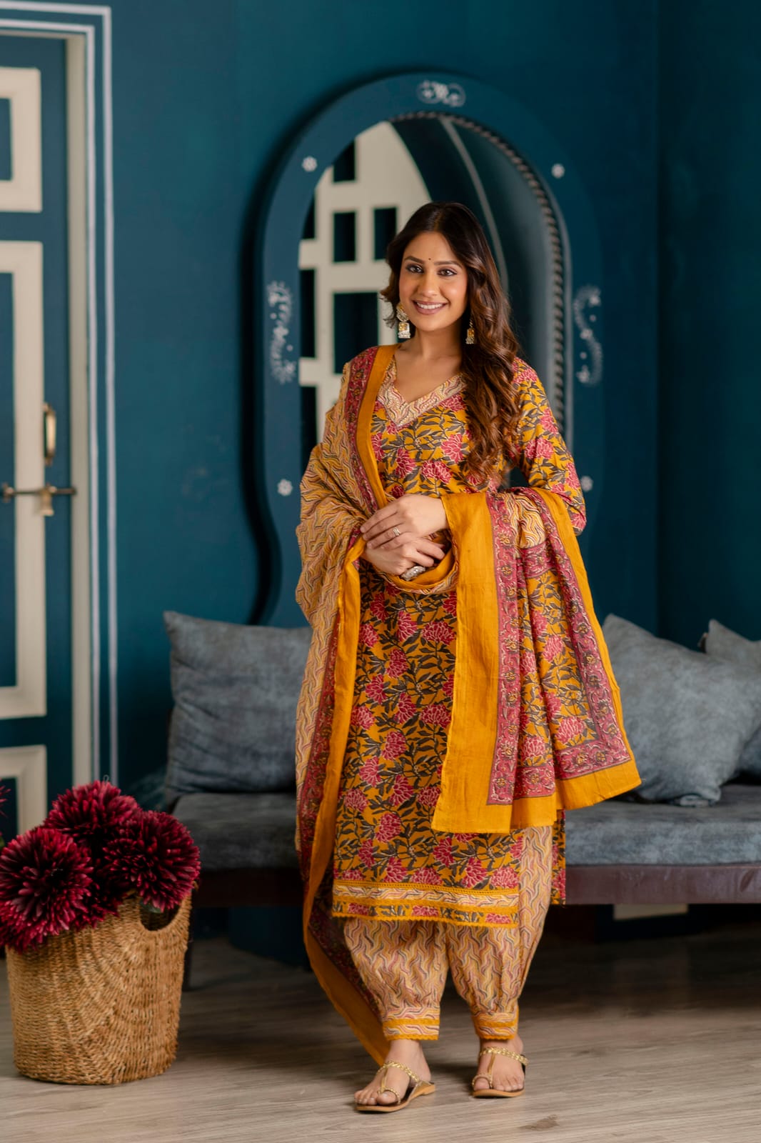 Yellow Floral Block Print Kurta Set with Dupatta – 3 Piece Ethnic Ensemble - Naticraft
