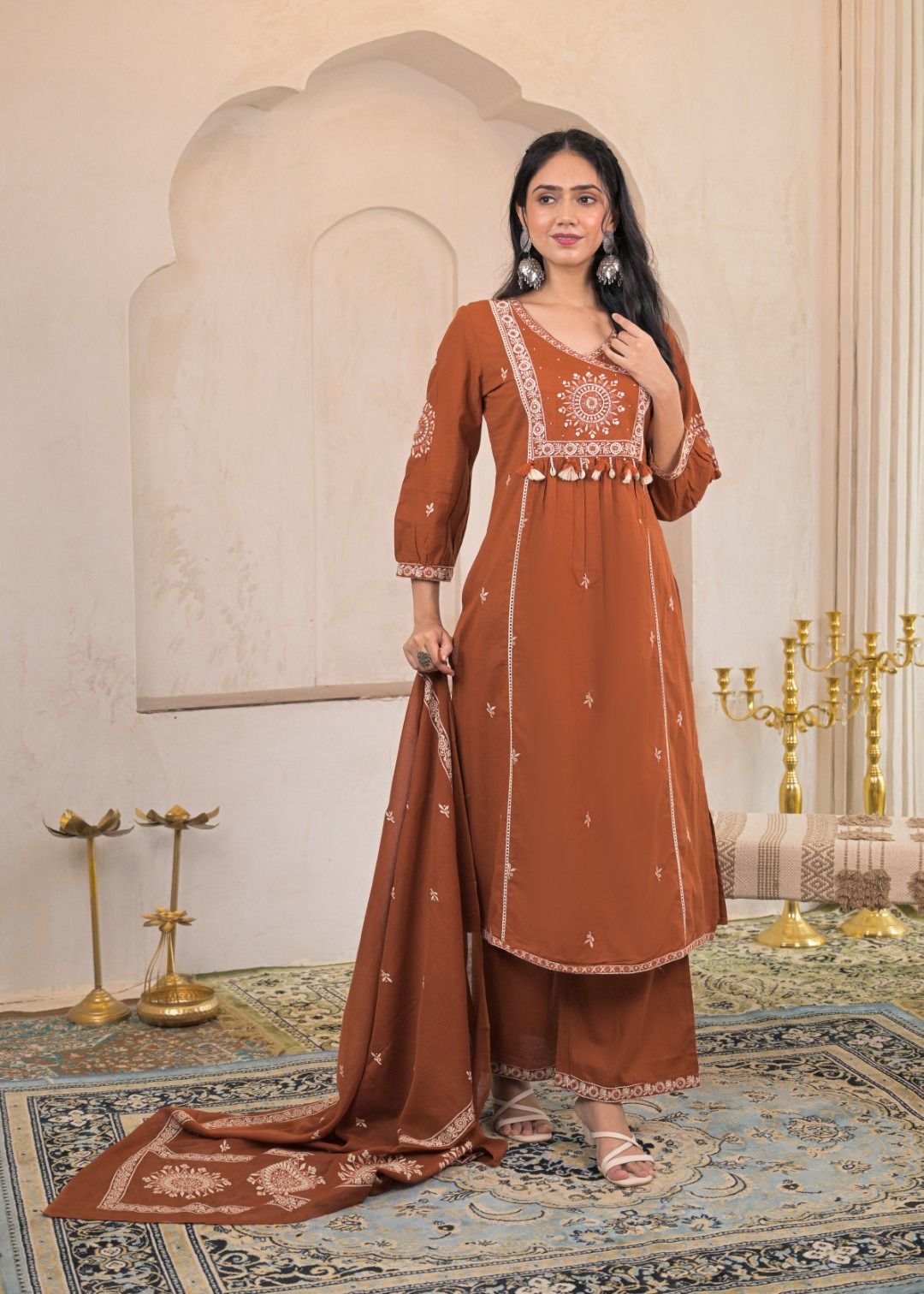 Rust Orange Cotton Embroidered Kurta Set with Dupatta & Tassel Detailing - Naticraft