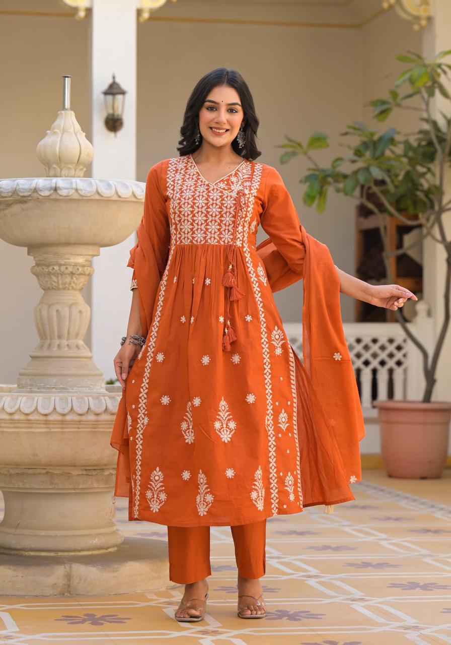 Orange Embroidered Cotton Kurta Set with White Floral Detailing - Naticraft