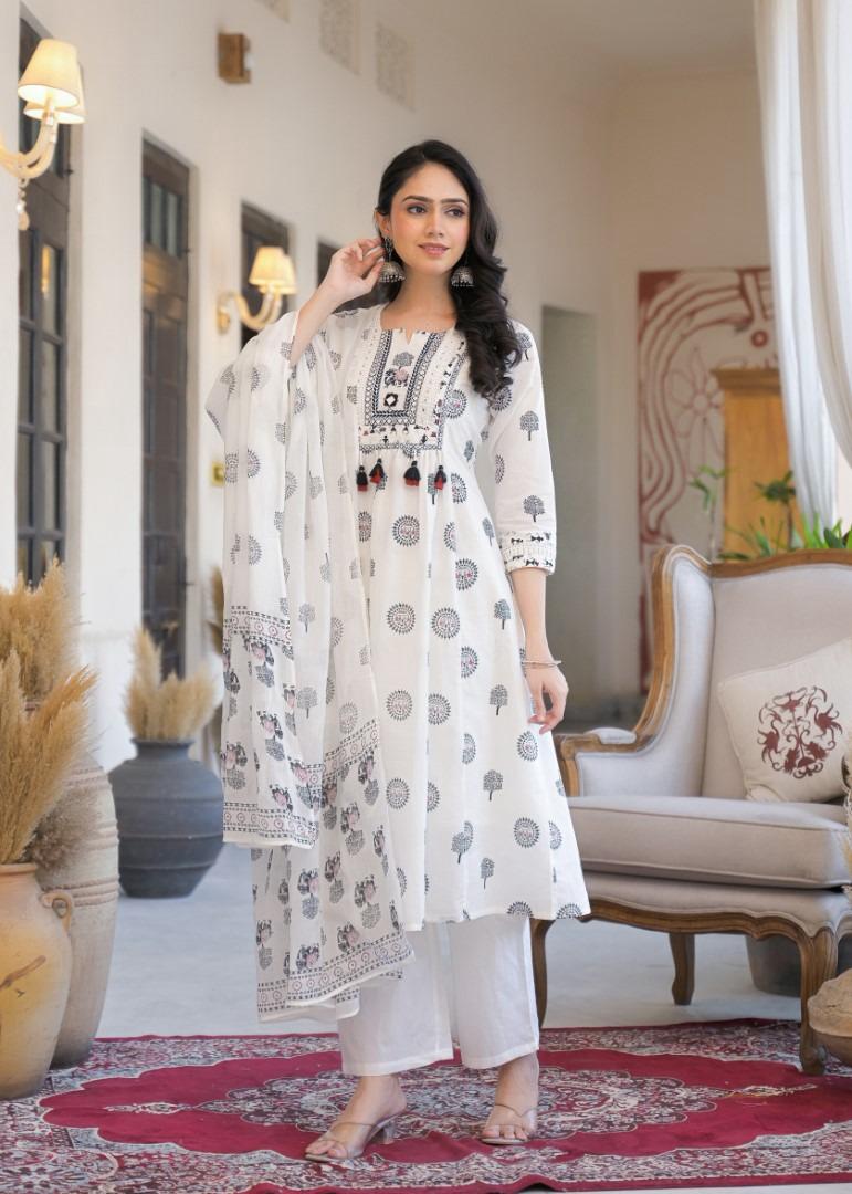 Ethnic White Printed Kurta Set - Kurta, Pants, and Dupatta - Naticraft