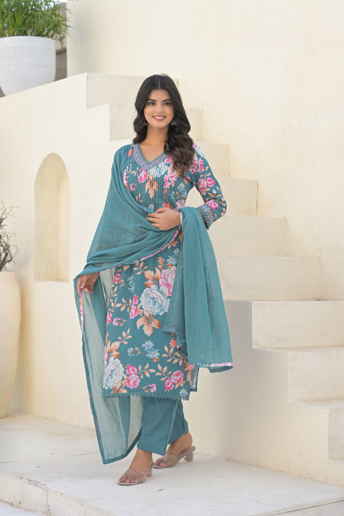 Teal Blue Floral Mirror Work Kurta Set with Dupatta – 3 Piece Elegant Ethnic Set - Naticraft
