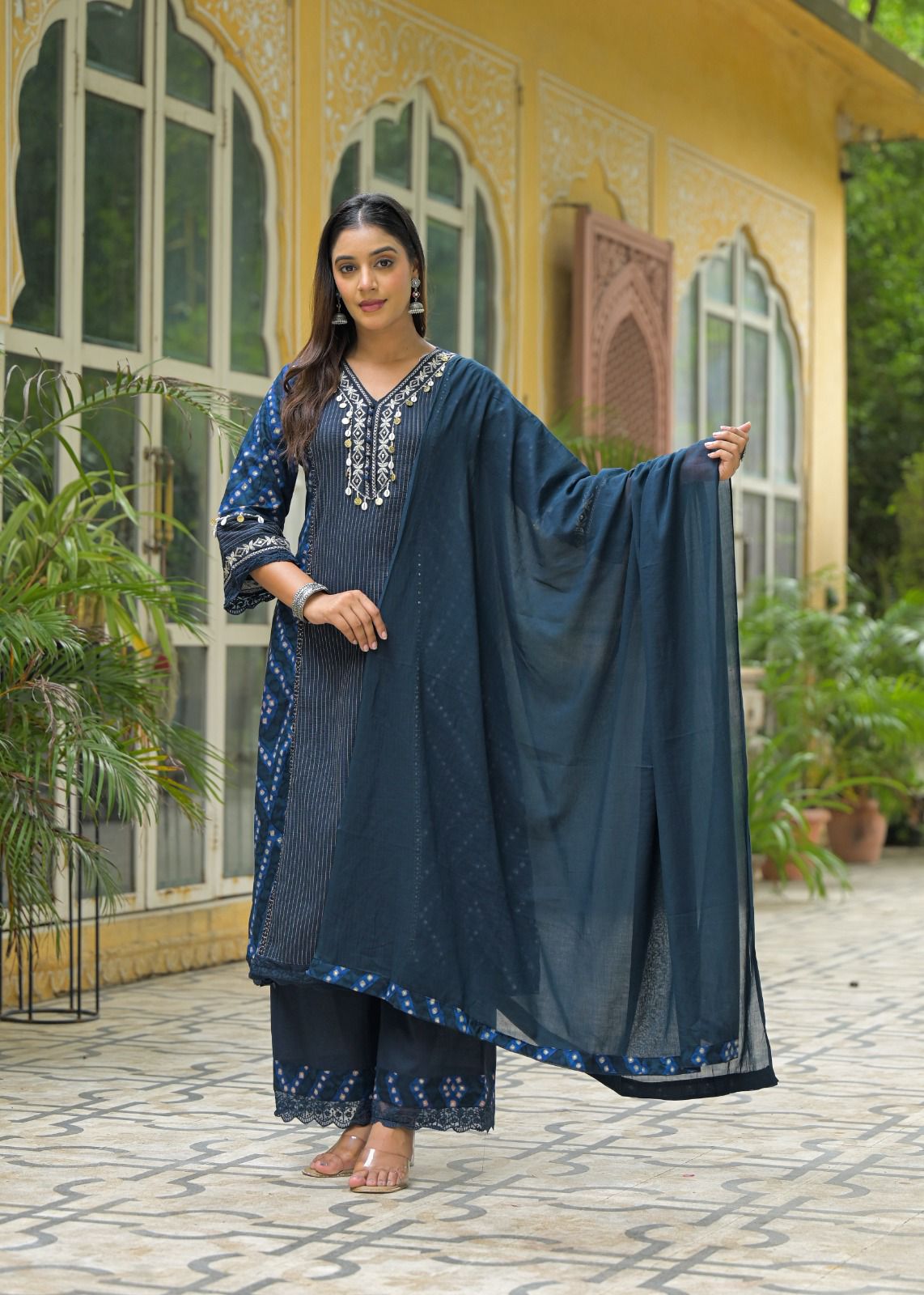 Midnight Indigo Cotton Kurta Set with Intricate Embroidery & Flowing Dupatta - Naticraft