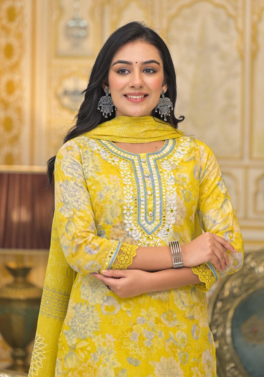 Sunshine Bloom Yellow Floral Embroidered Cotton Kurta Set with Dupatta - Naticraft