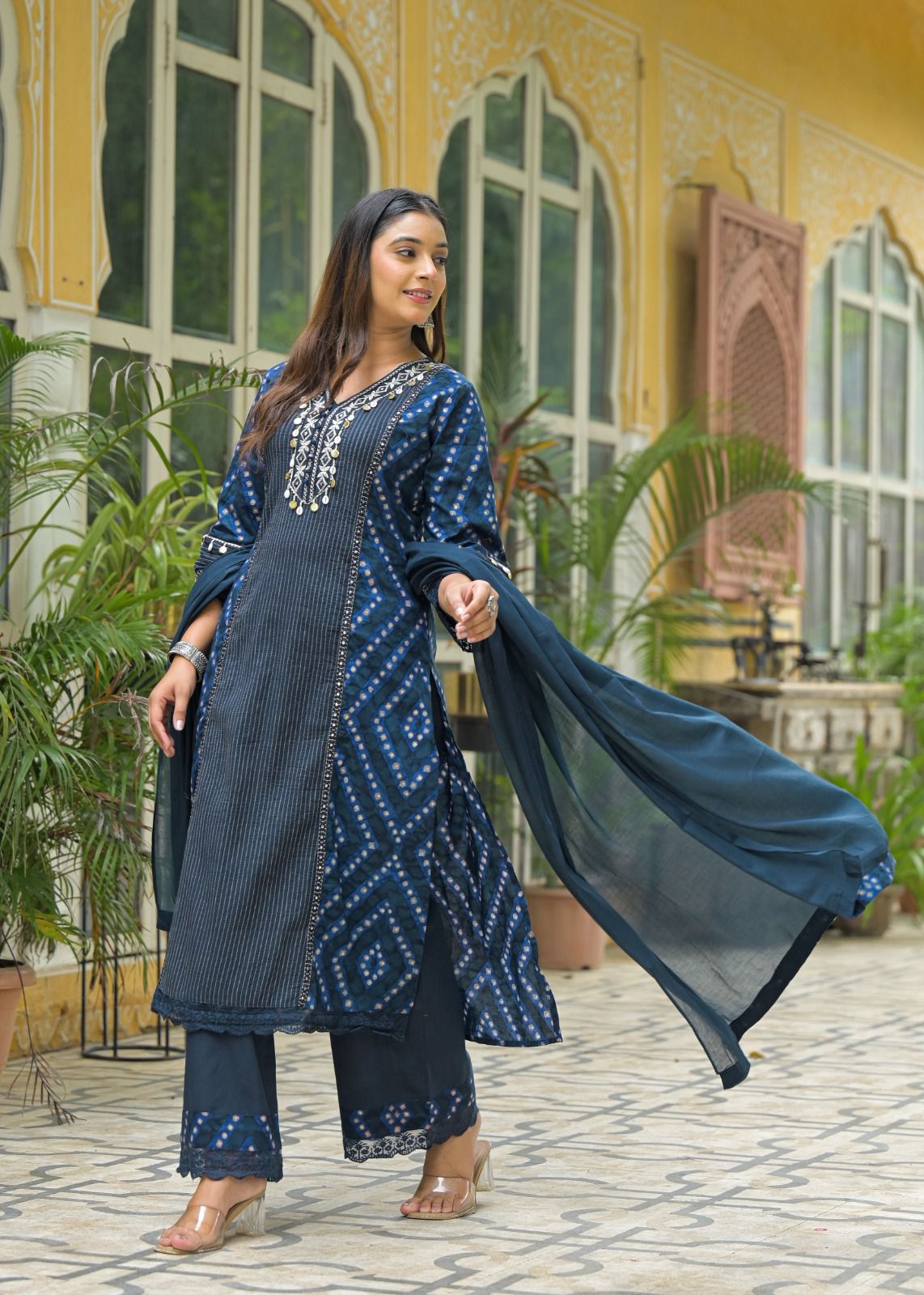 Midnight Indigo Cotton Kurta Set with Intricate Embroidery & Flowing Dupatta - Naticraft