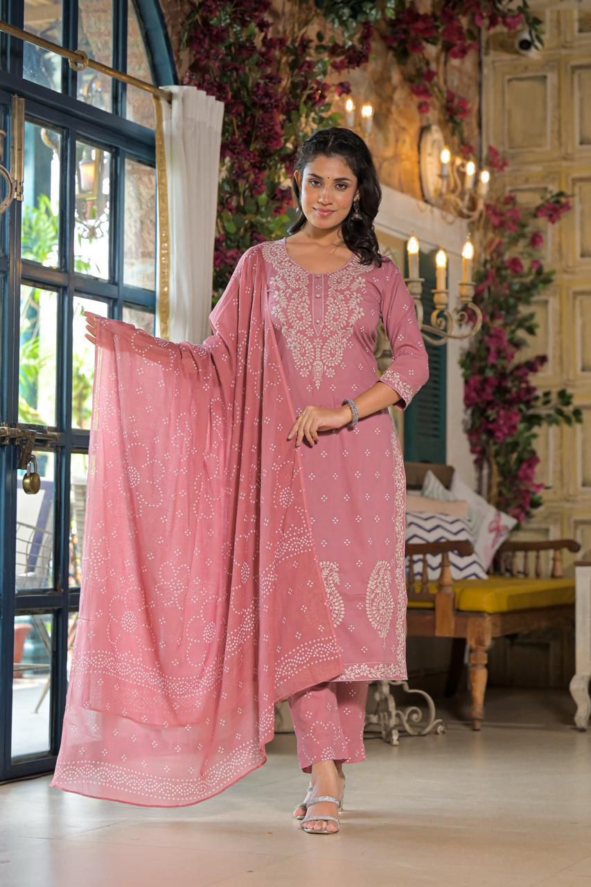 Embroidered Cotton Straight Kurta Set with Dupatta - Naticraft