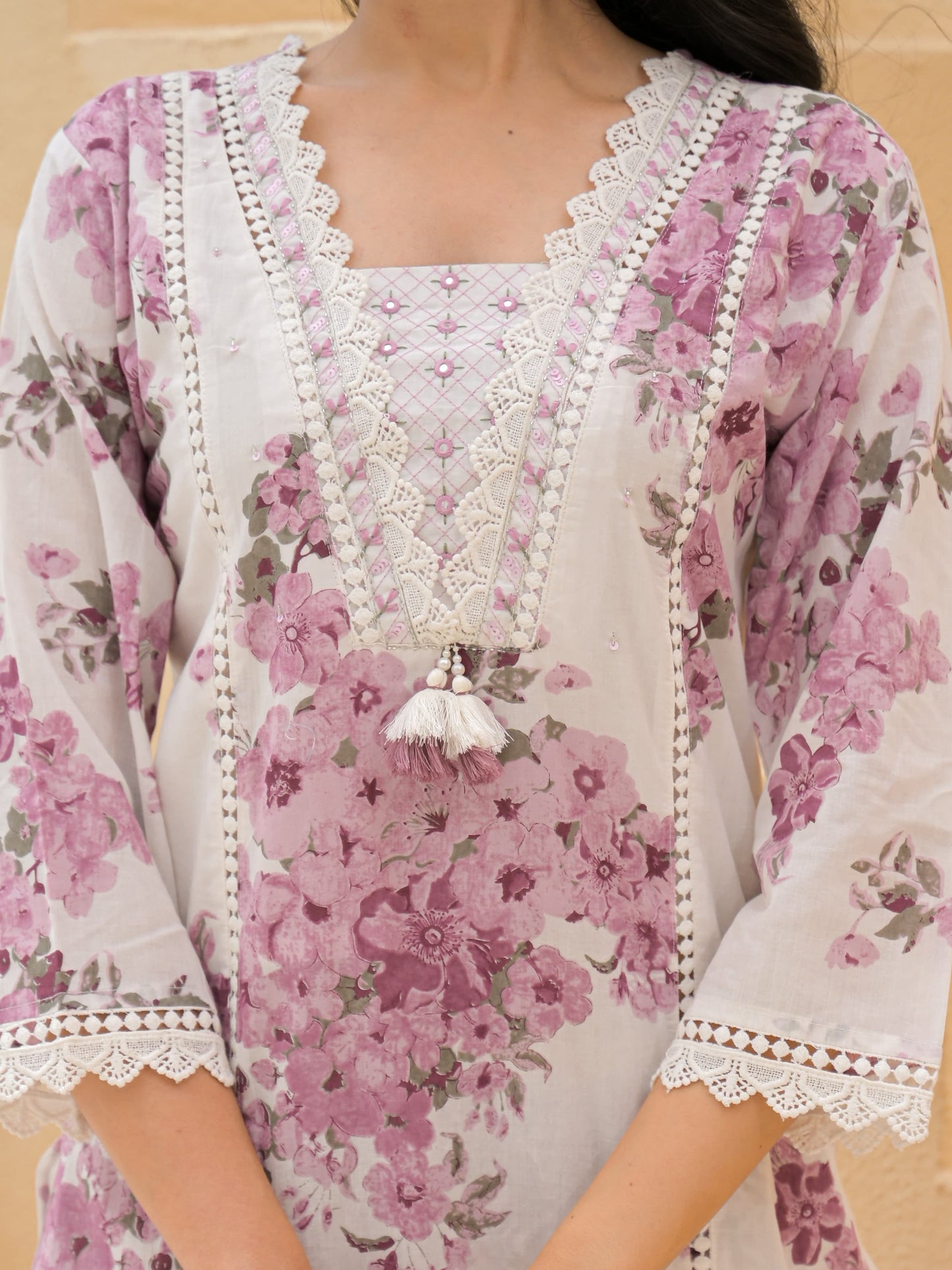Pastel Pink Floral Printed Cotton Suit Set with Dupatta and Straight Pants - Naticraft