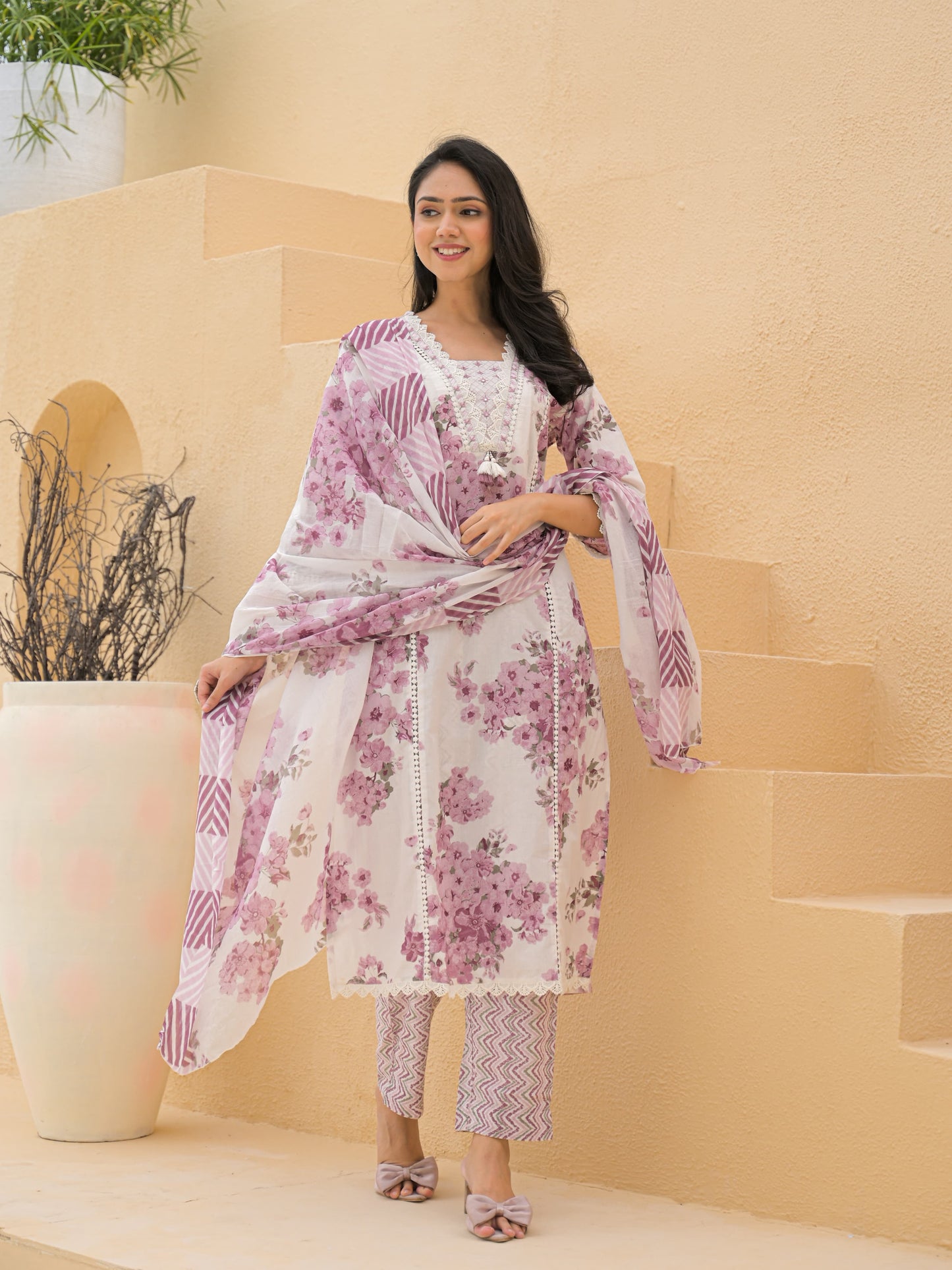 Pastel Pink Floral Printed Cotton Suit Set with Dupatta and Straight Pants - Naticraft