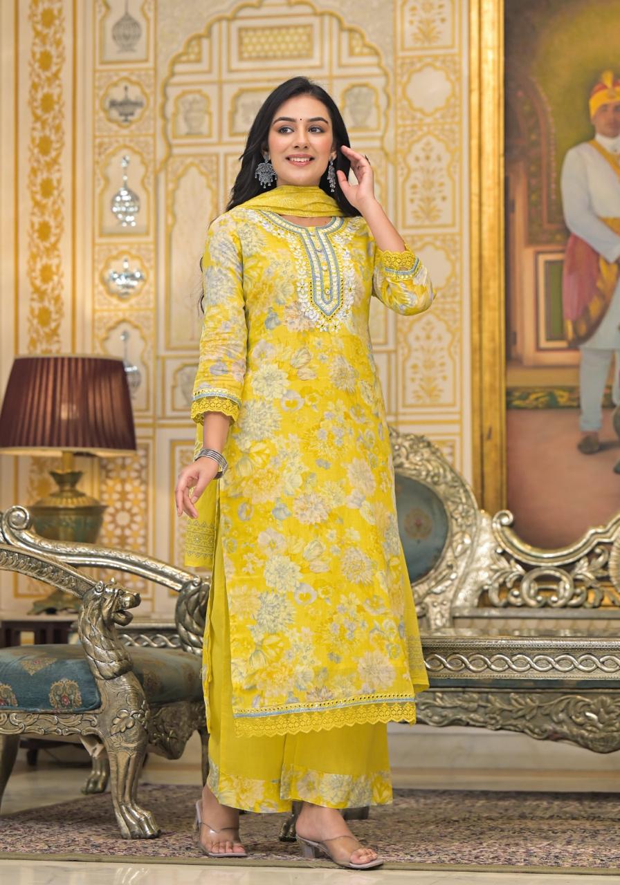 Sunshine Bloom Yellow Floral Embroidered Cotton Kurta Set with Dupatta - Naticraft
