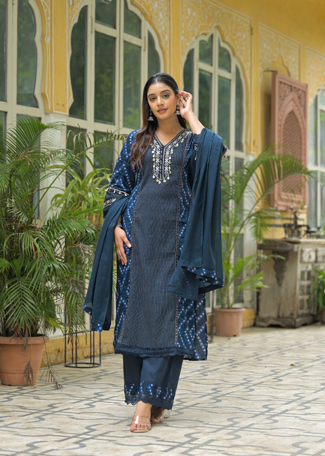 Midnight Indigo Cotton Kurta Set with Intricate Embroidery & Flowing Dupatta - Naticraft