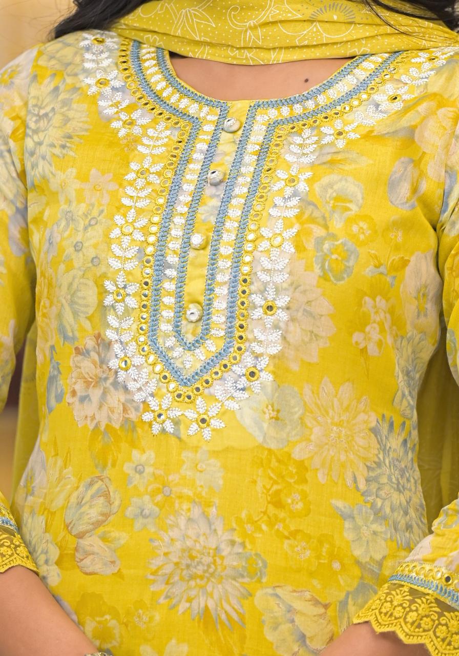 Sunshine Bloom Yellow Floral Embroidered Cotton Kurta Set with Dupatta - Naticraft