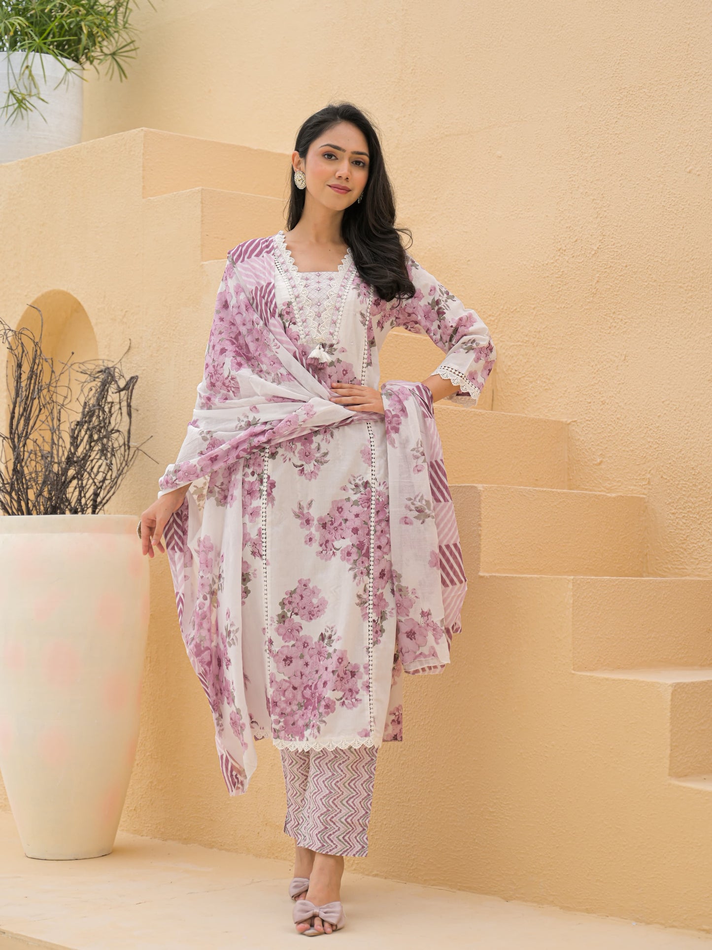 Pastel Pink Floral Printed Cotton Suit Set with Dupatta and Straight Pants - Naticraft