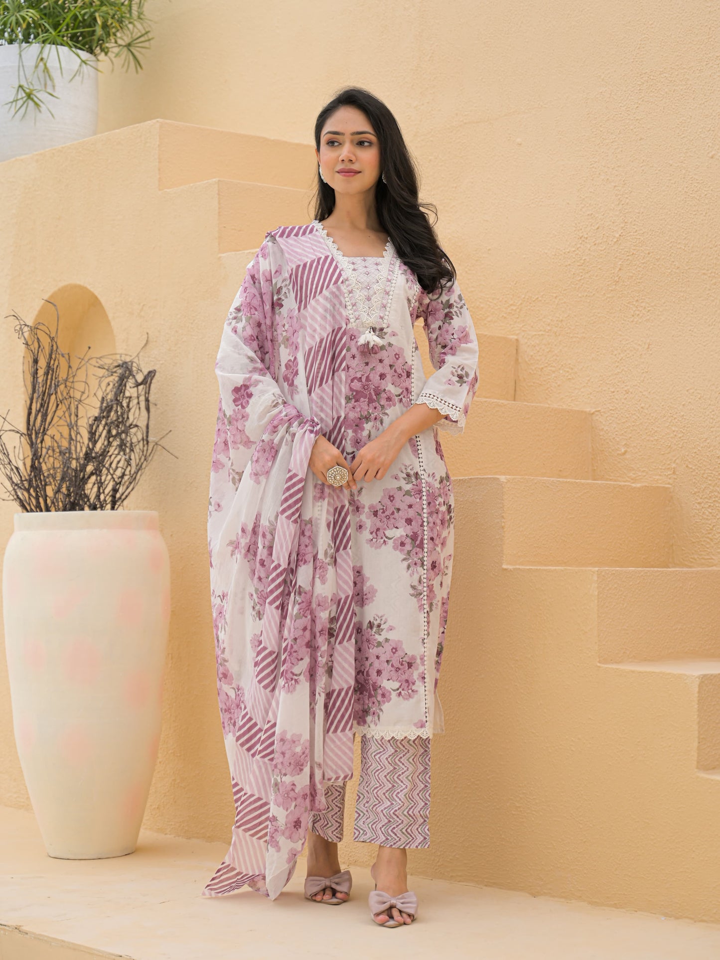 Pastel Pink Floral Printed Cotton Suit Set with Dupatta and Straight Pants - Naticraft