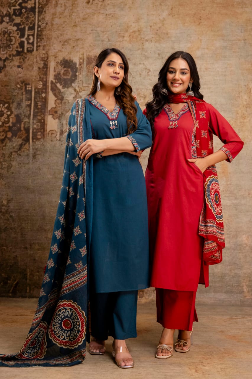 Embroidered Cotton Suit Set with Palazzo & Printed Dupatta - Naticraft