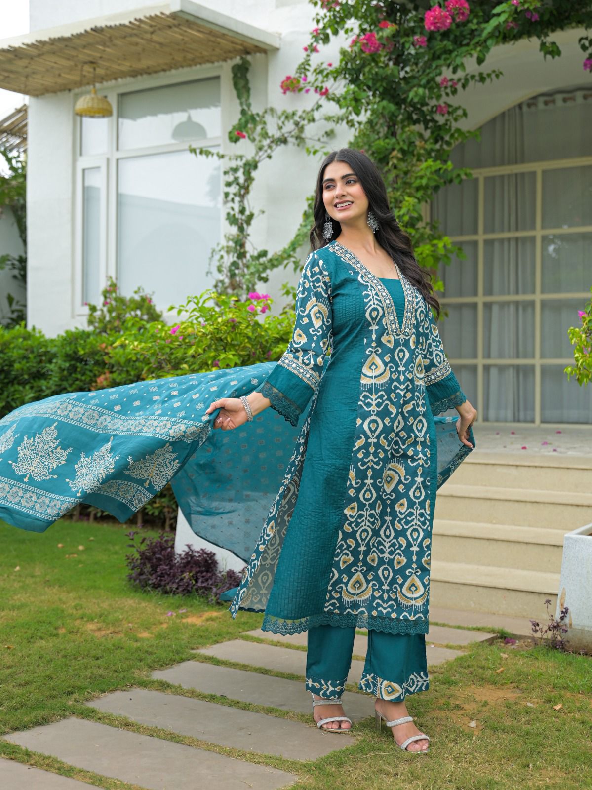 Ikat Elegance Mirror Embroidered Cotton Kurta Set – Teal & Plum - Naticraft
