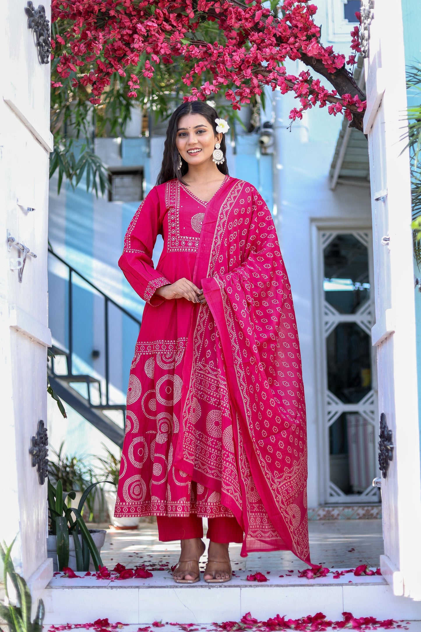 Pure Cotton Handblock Printed Flared Kurta Set with Dupatta - Naticraft
