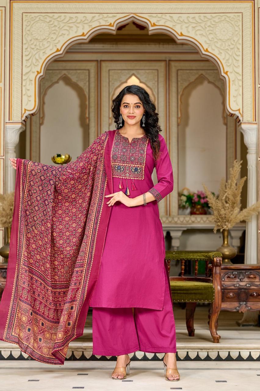Ajrakh Embroidered Pure-Cotton Kurta Set with Palazzo & Dupatta - Naticraft