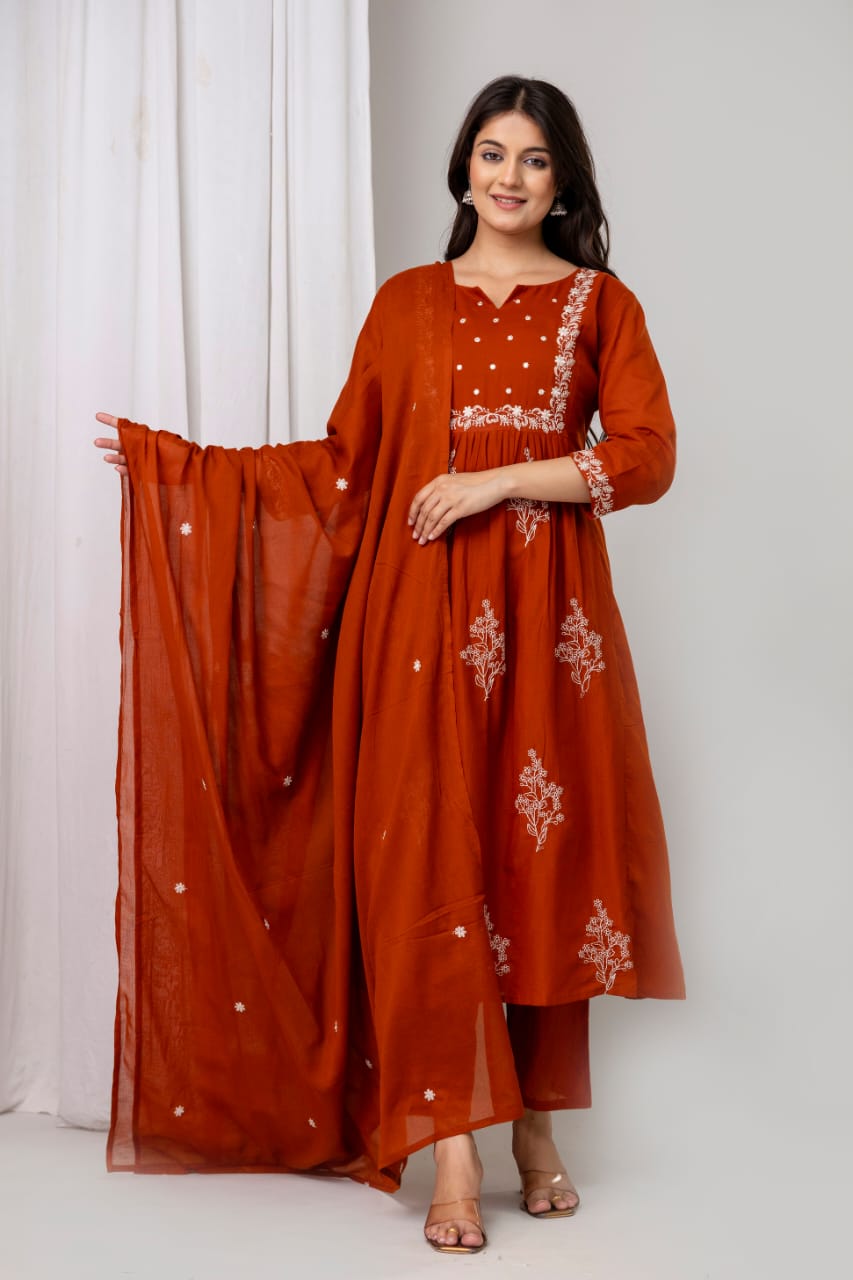 Elysian Embroidered Cotton Kurta Set with Dupatta – Blue, Green & Rust - Naticraft