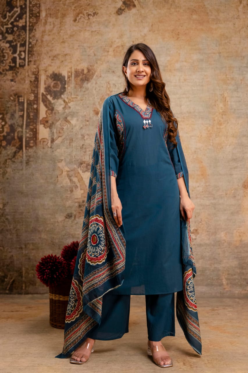 Embroidered Cotton Suit Set with Palazzo & Printed Dupatta - Naticraft