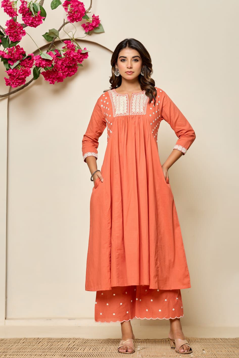 Elegant Hand-Embroidered Cotton A-Line Kurta 2 piece Set with Scalloped Palazzo – Pink and Peach - Naticraft