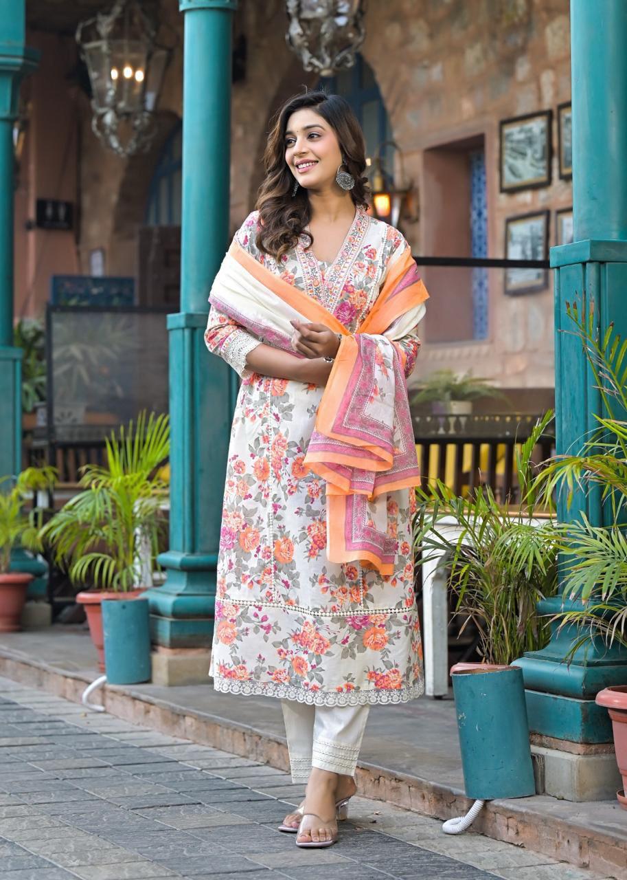 Floral Printed Kurta Set with Dupatta - Elegant Ethnic Ensemble - Naticraft