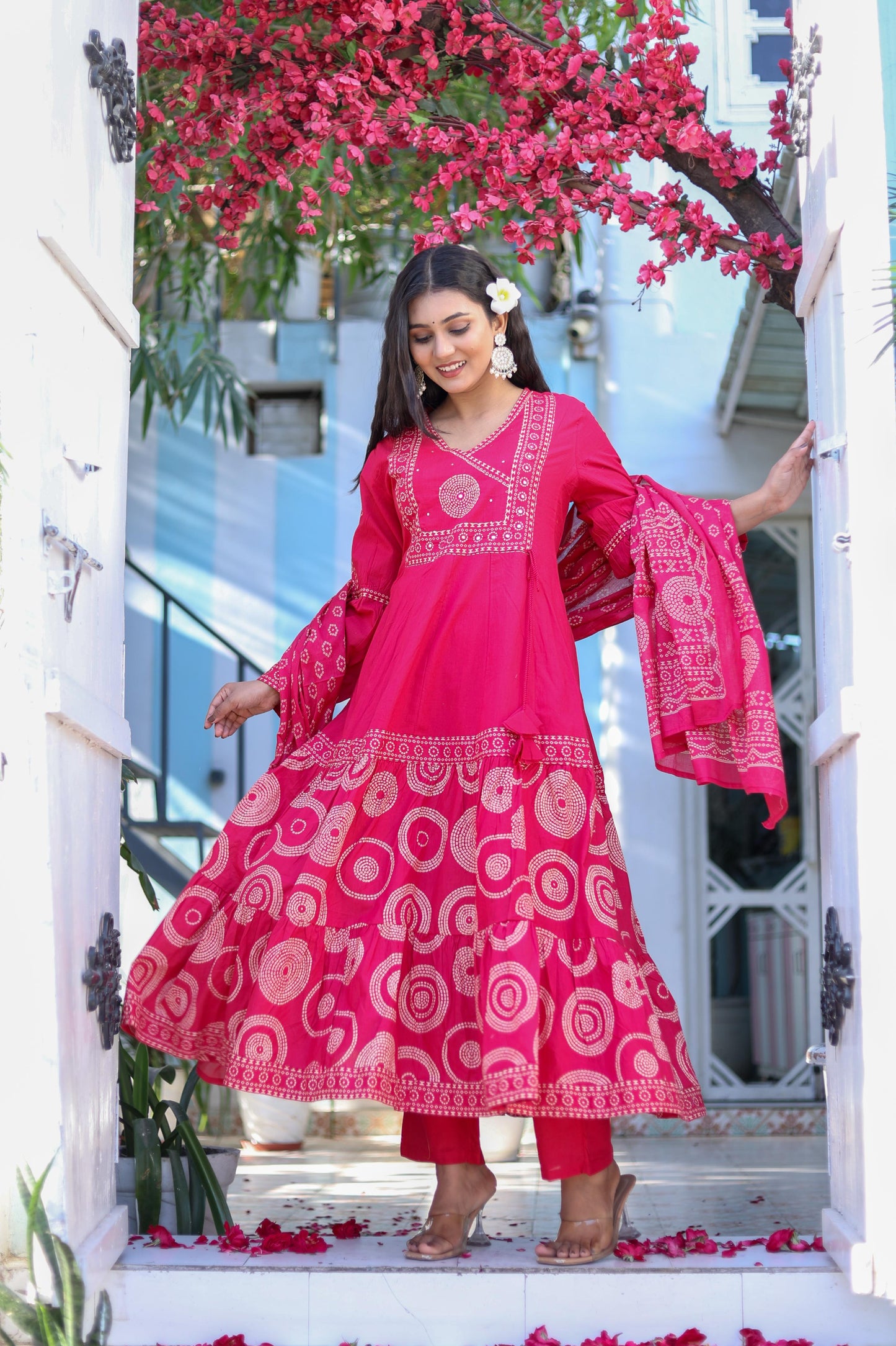 Pure Cotton Handblock Printed Flared Kurta Set with Dupatta - Naticraft