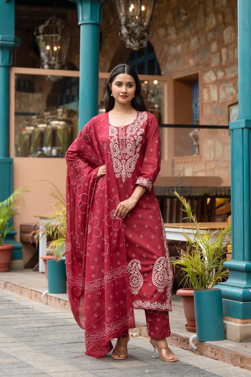 Embroidered Cotton Straight Kurta Set with Dupatta - Naticraft