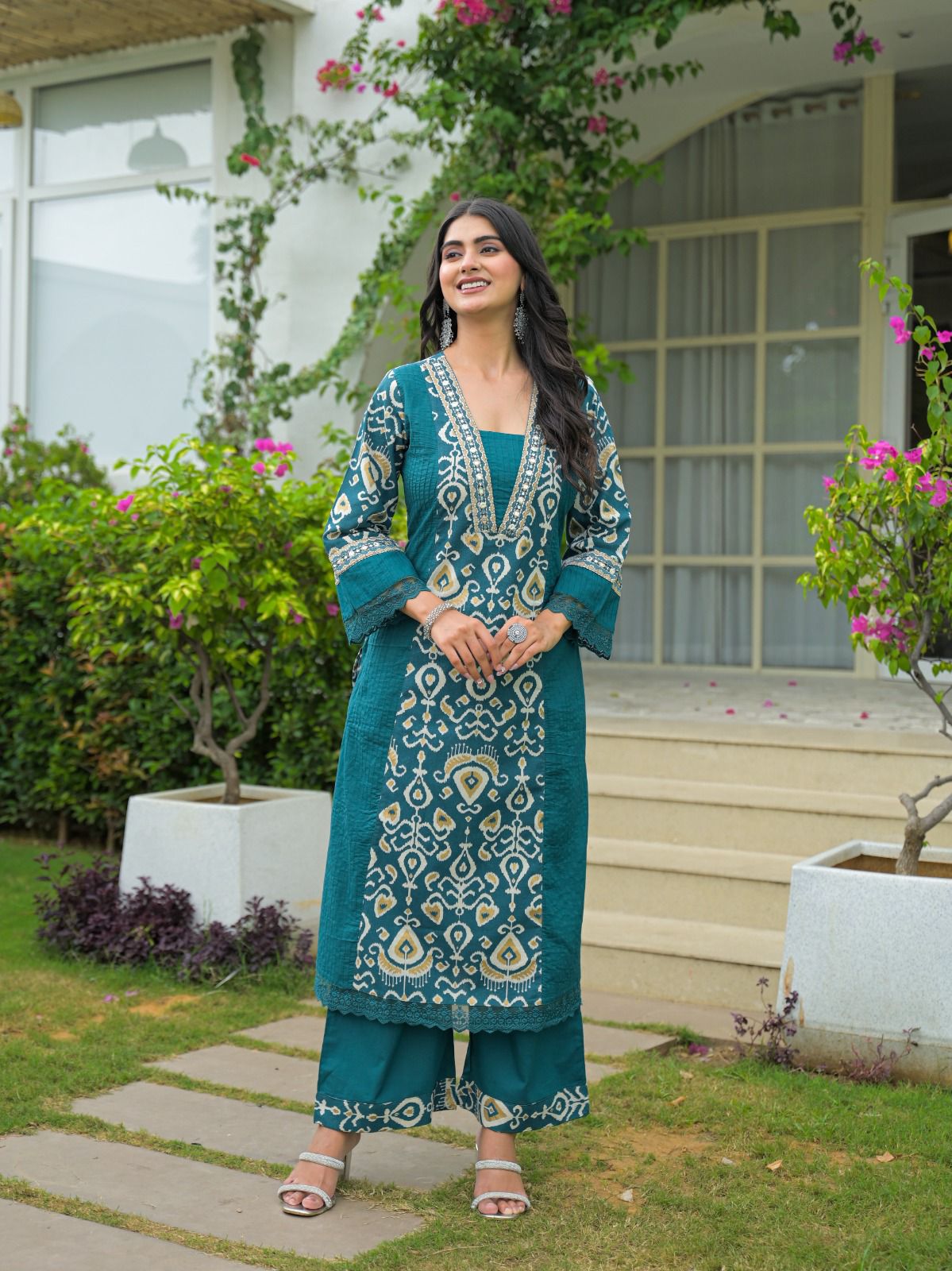 Ikat Elegance Mirror Embroidered Cotton Kurta Set – Teal & Plum - Naticraft