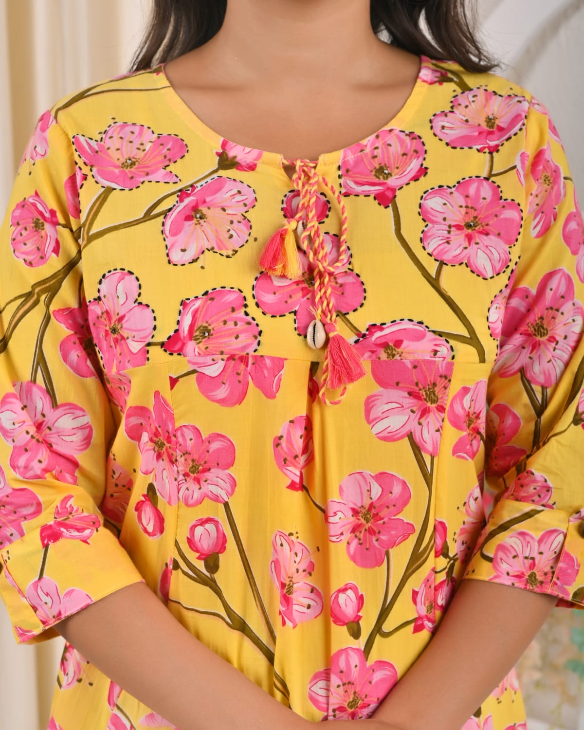 Floral Fusion Co-ord Set for Women – Tassel Tie-Up Top & Embroidered Pants - Naticraft