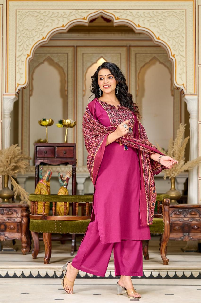 Ajrakh Embroidered Pure-Cotton Kurta Set with Palazzo & Dupatta - Naticraft