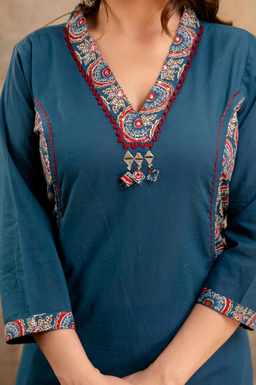 Embroidered Cotton Suit Set with Palazzo & Printed Dupatta - Naticraft
