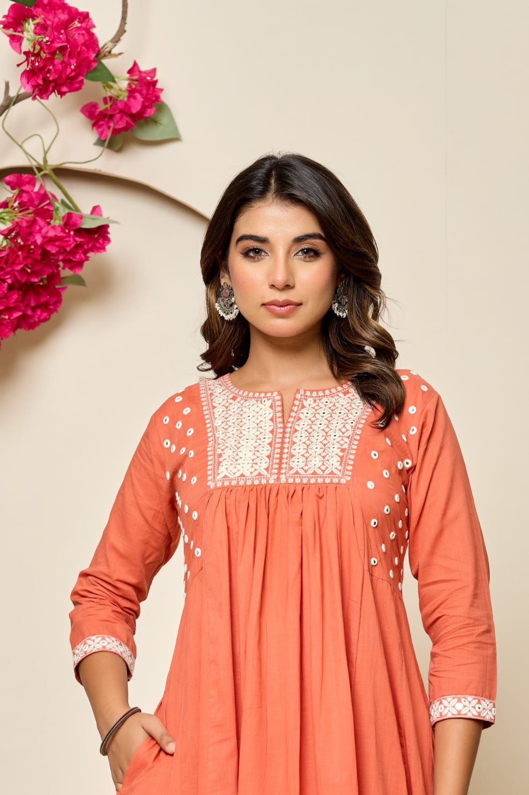 Elegant Hand-Embroidered Cotton A-Line Kurta 2 piece Set with Scalloped Palazzo – Pink and Peach - Naticraft