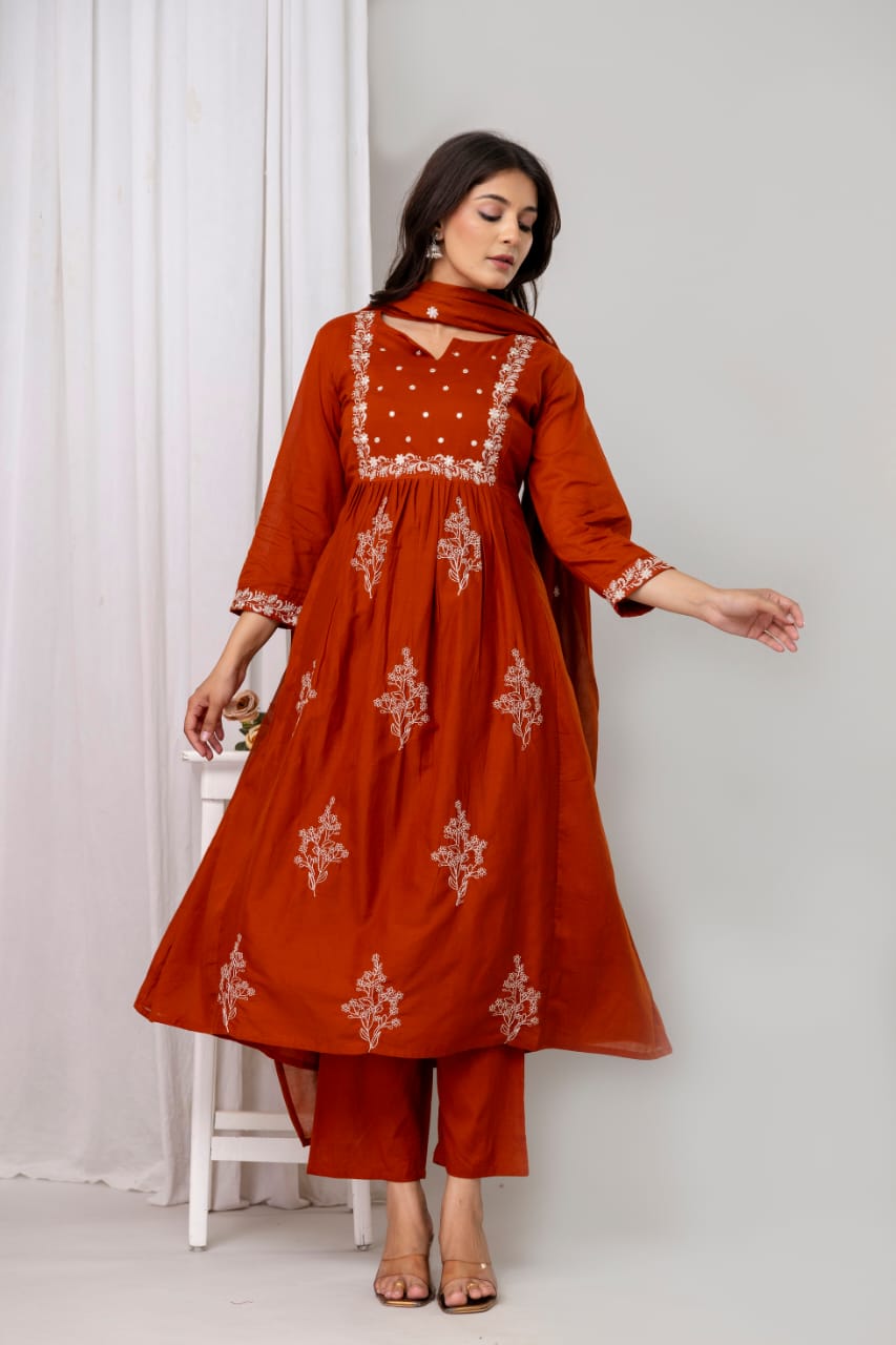 Elysian Embroidered Cotton Kurta Set with Dupatta – Blue, Green & Rust - Naticraft