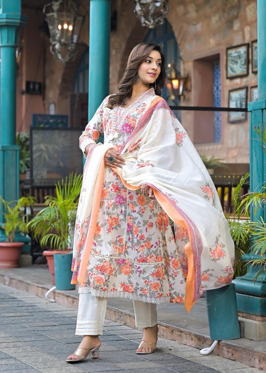 Floral Printed Kurta Set with Dupatta - Elegant Ethnic Ensemble - Naticraft