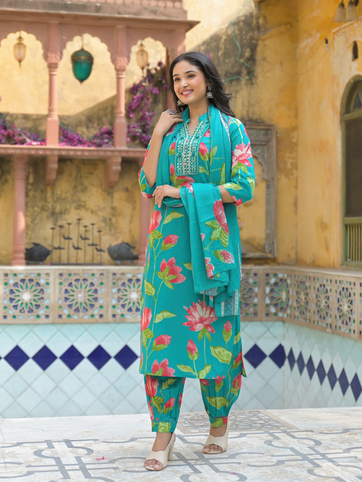 Blooming Lotus Printed Kurta Set with Dupatta - Naticraft