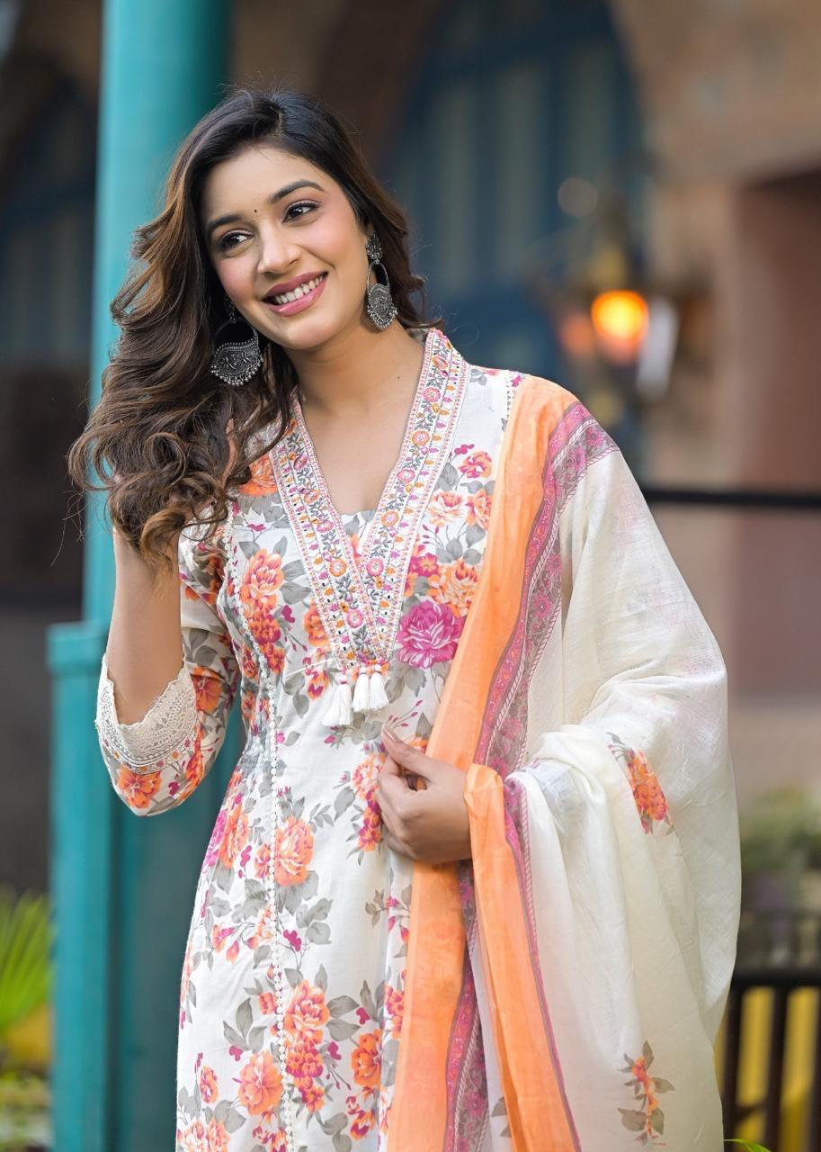 Floral Printed Kurta Set with Dupatta - Elegant Ethnic Ensemble - Naticraft
