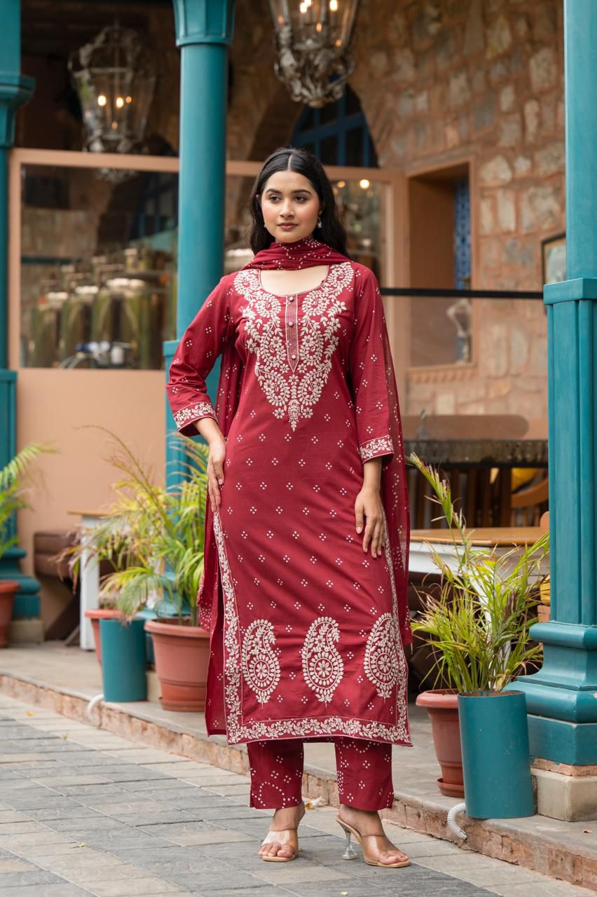Embroidered Cotton Straight Kurta Set with Dupatta - Naticraft