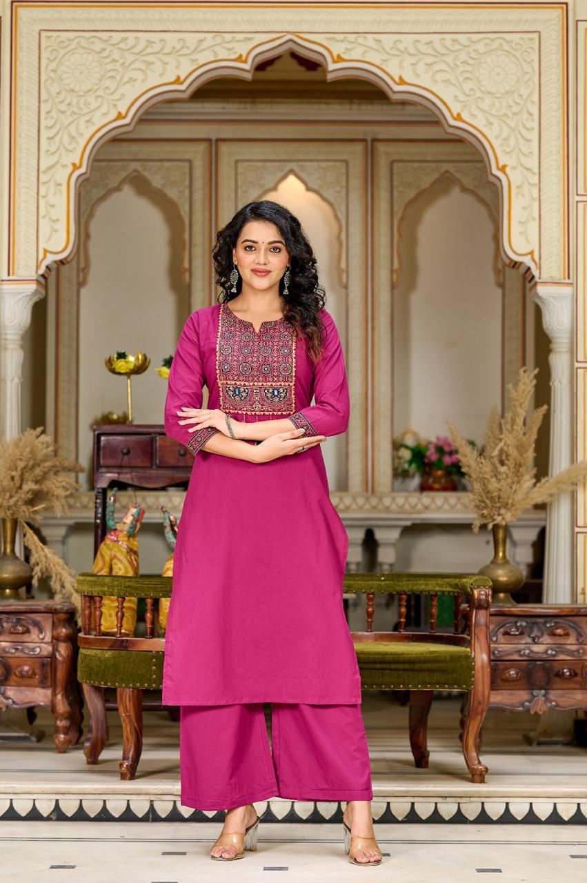 Ajrakh Embroidered Pure-Cotton Kurta Set with Palazzo & Dupatta - Naticraft