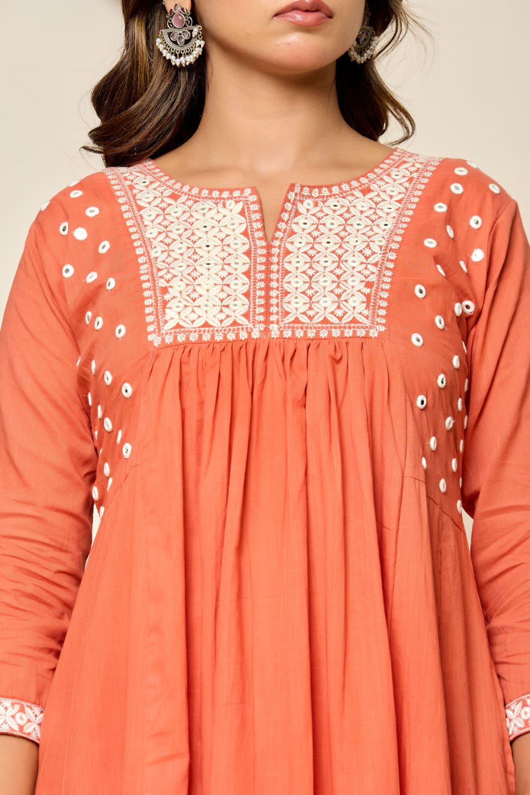 Elegant Hand-Embroidered Cotton A-Line Kurta 2 piece Set with Scalloped Palazzo – Pink and Peach - Naticraft