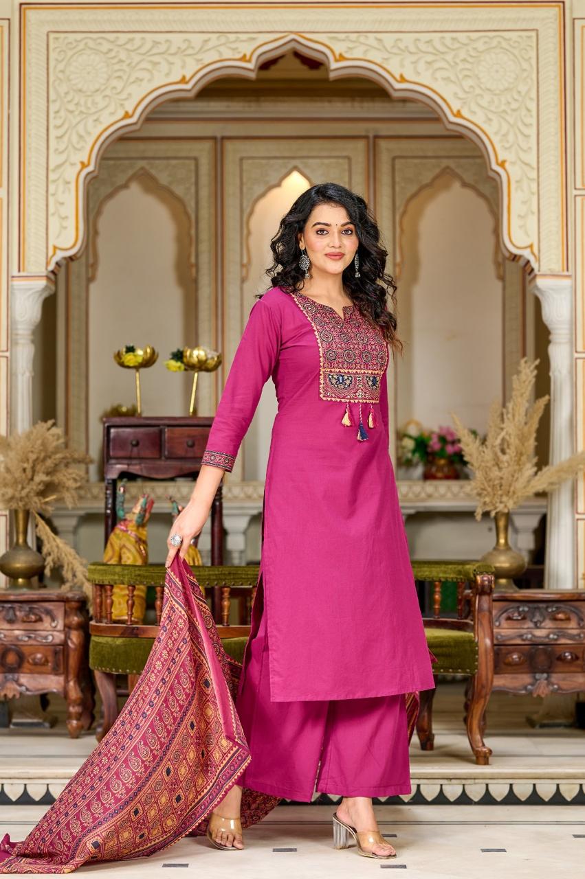 Ajrakh Embroidered Pure-Cotton Kurta Set with Palazzo & Dupatta - Naticraft