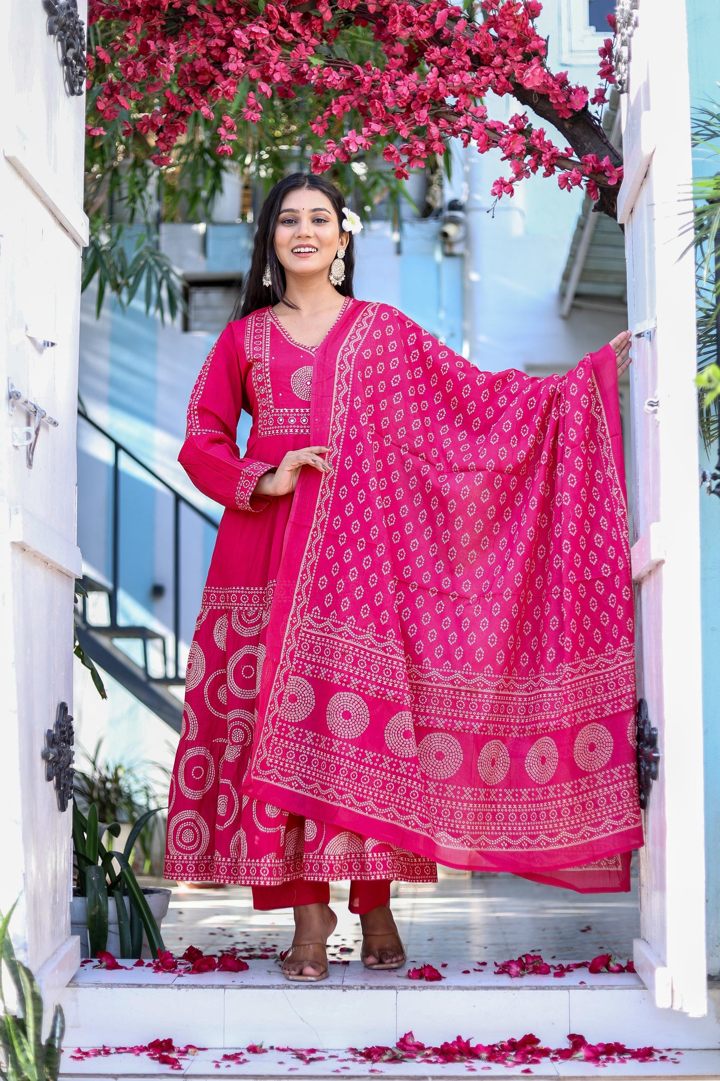 Pure Cotton Handblock Printed Flared Kurta Set with Dupatta - Naticraft
