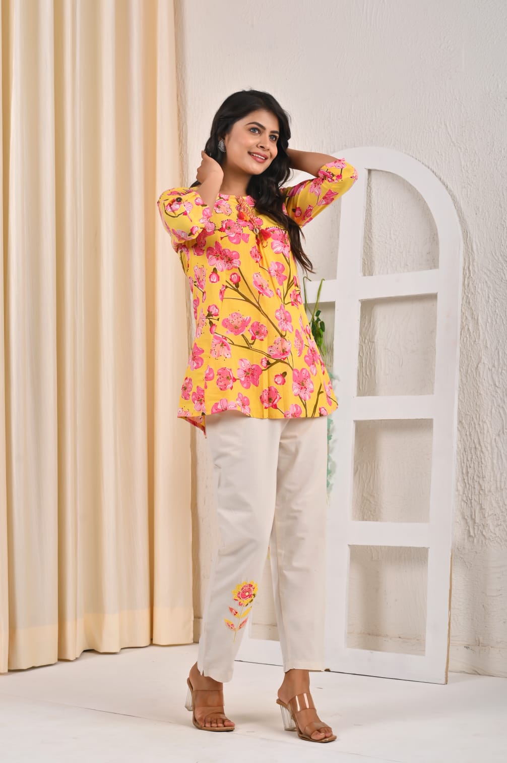 Floral Fusion Co-ord Set for Women – Tassel Tie-Up Top & Embroidered Pants - Naticraft