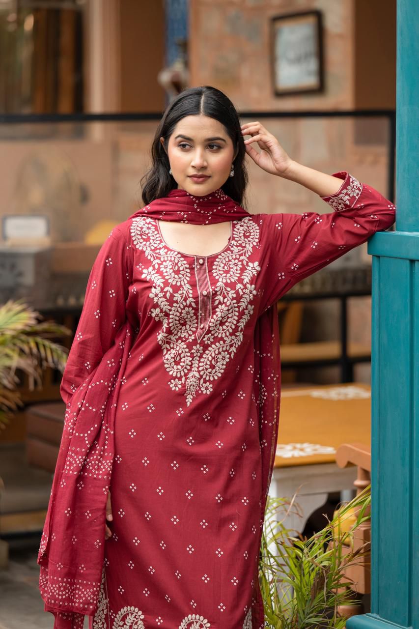 Embroidered Cotton Straight Kurta Set with Dupatta - Naticraft