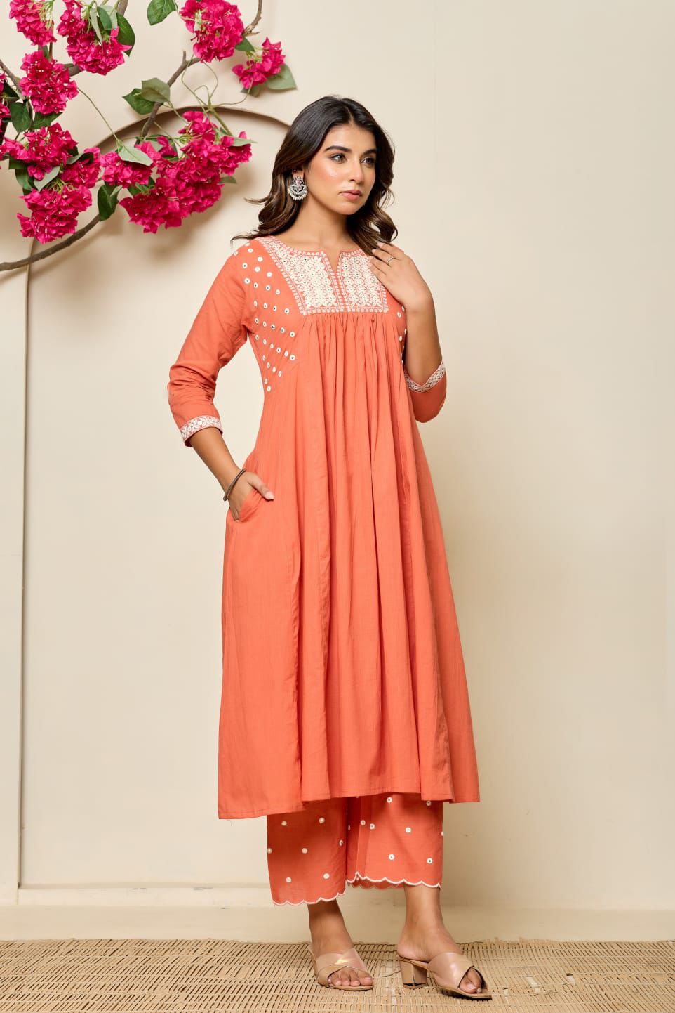 Elegant Hand-Embroidered Cotton A-Line Kurta 2 piece Set with Scalloped Palazzo – Pink and Peach - Naticraft