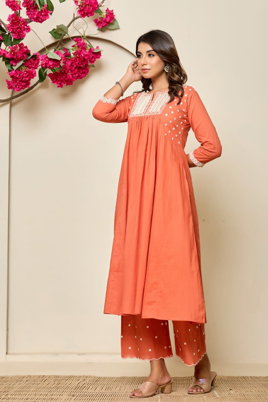 Elegant Hand-Embroidered Cotton A-Line Kurta 2 piece Set with Scalloped Palazzo – Pink and Peach - Naticraft