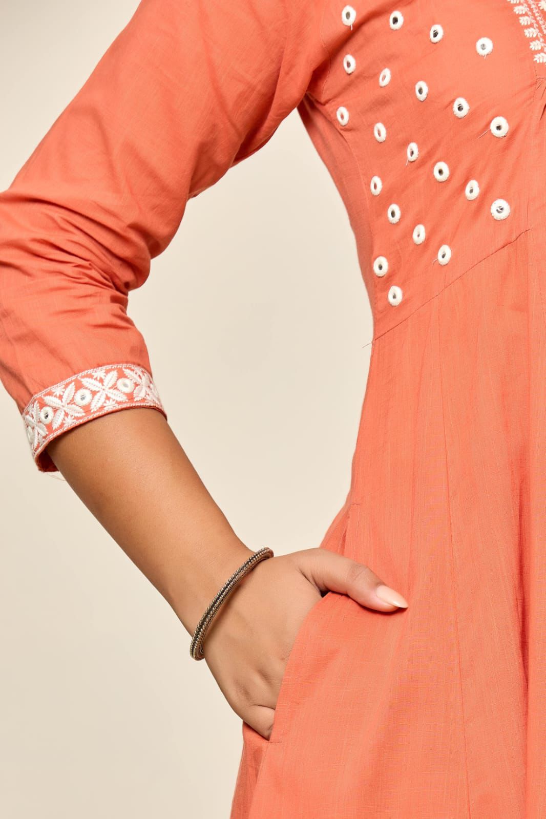 Elegant Hand-Embroidered Cotton A-Line Kurta 2 piece Set with Scalloped Palazzo – Pink and Peach - Naticraft