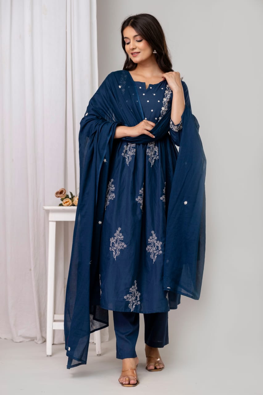 Elysian Embroidered Cotton Kurta Set with Dupatta – Blue, Green & Rust - Naticraft