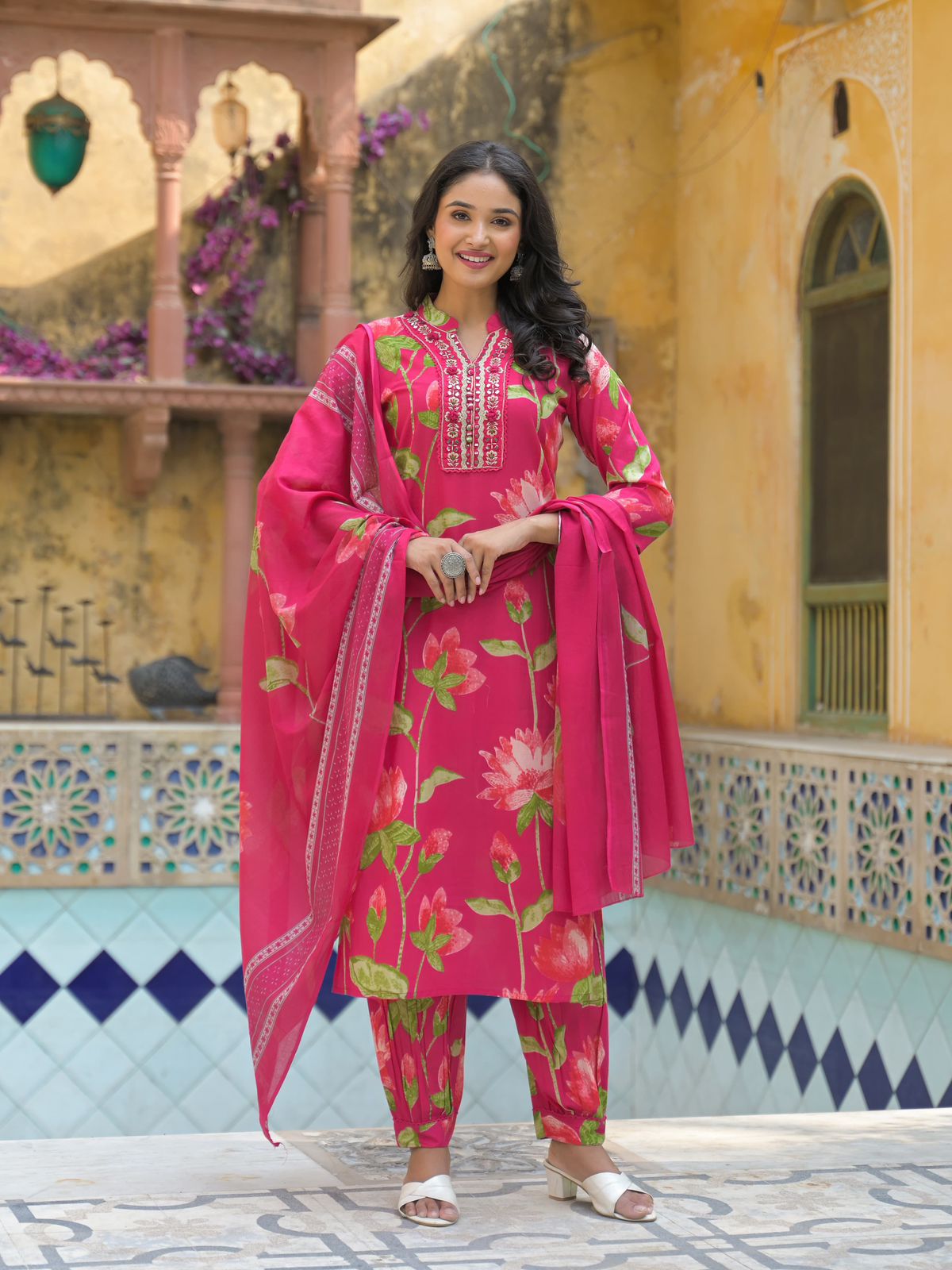 Blooming Lotus Printed Kurta Set with Dupatta - Naticraft