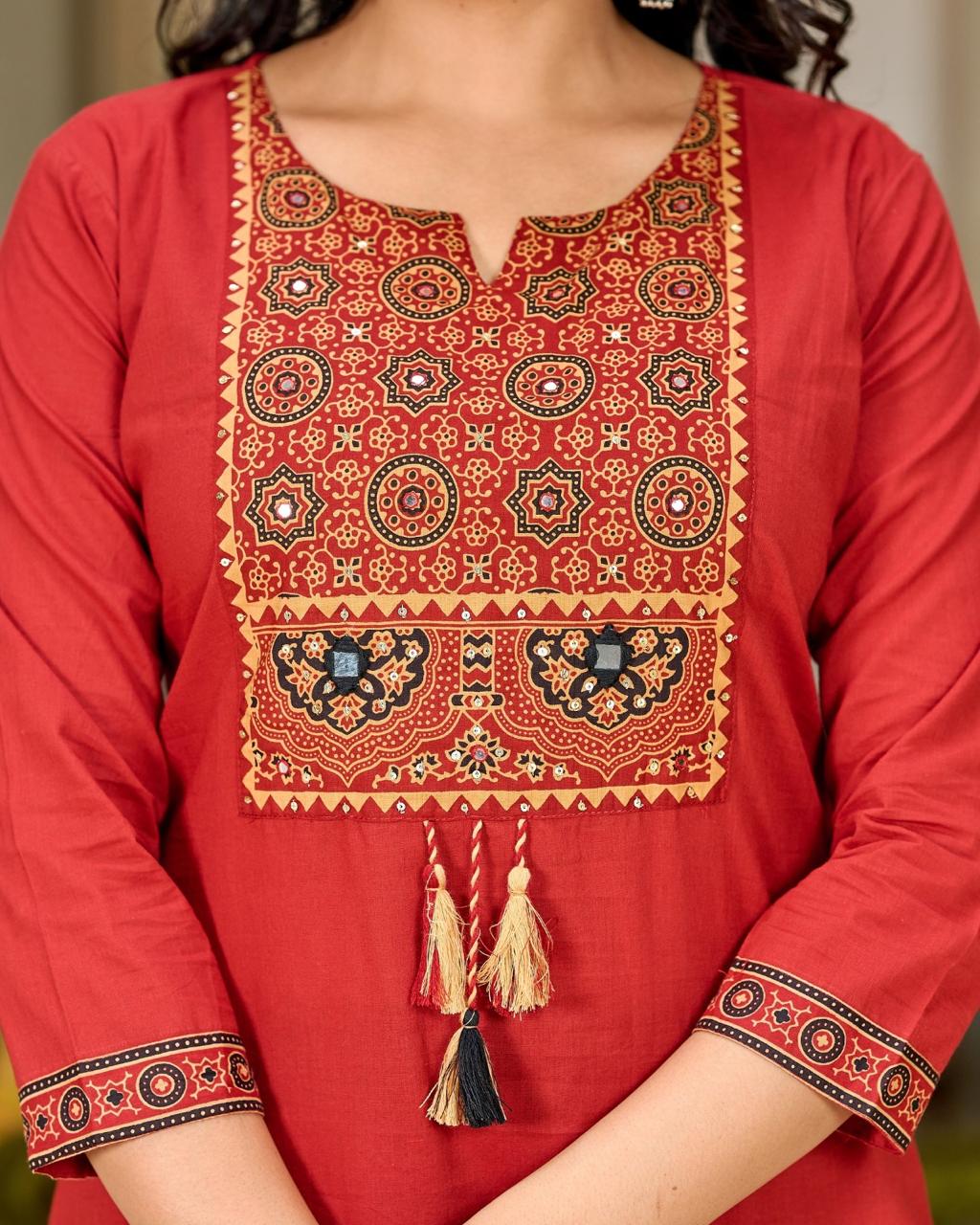 Ajrakh Embroidered Pure-Cotton Kurta Set with Palazzo & Dupatta - Naticraft