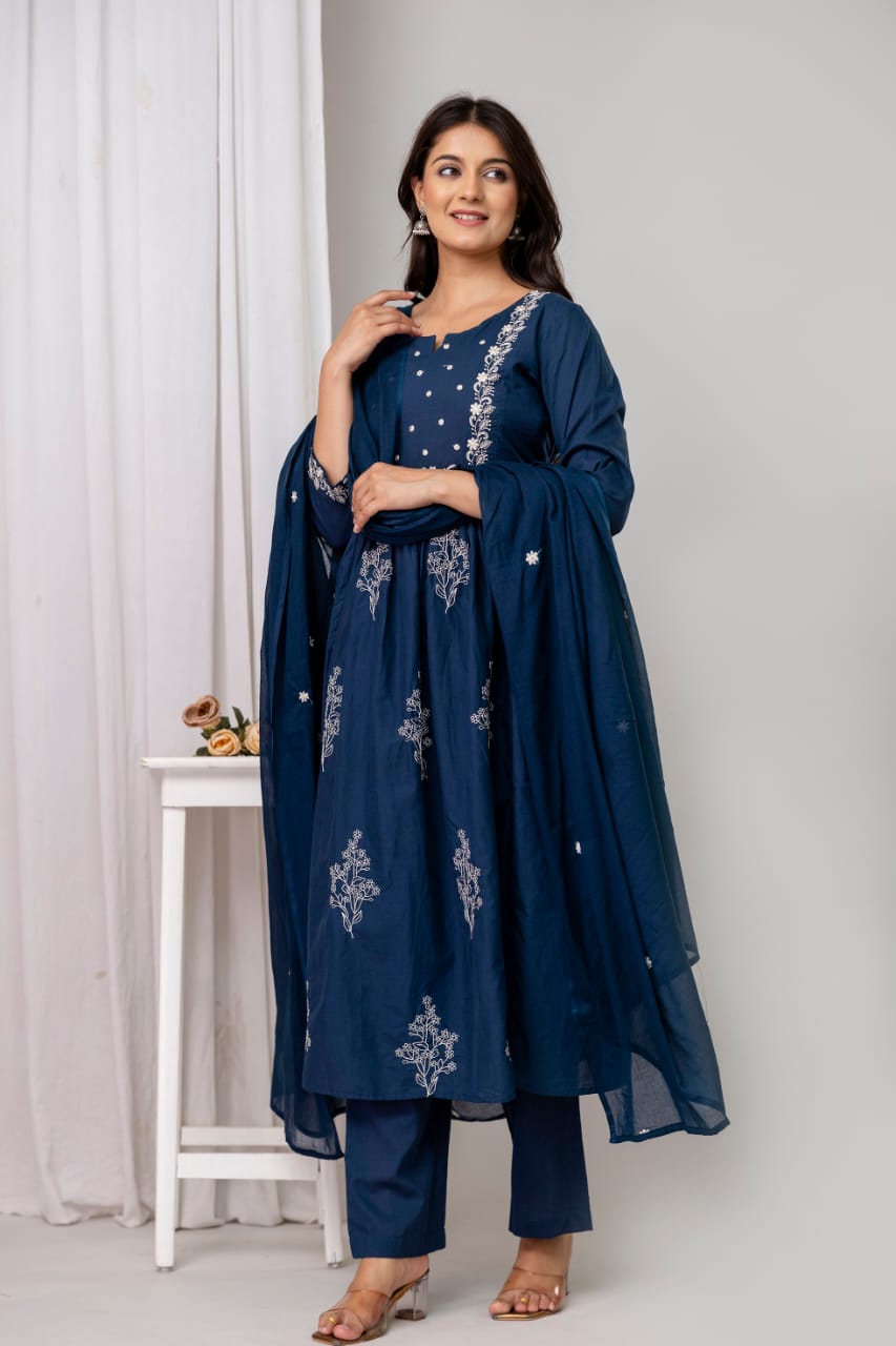 Elysian Embroidered Cotton Kurta Set with Dupatta – Blue, Green & Rust - Naticraft