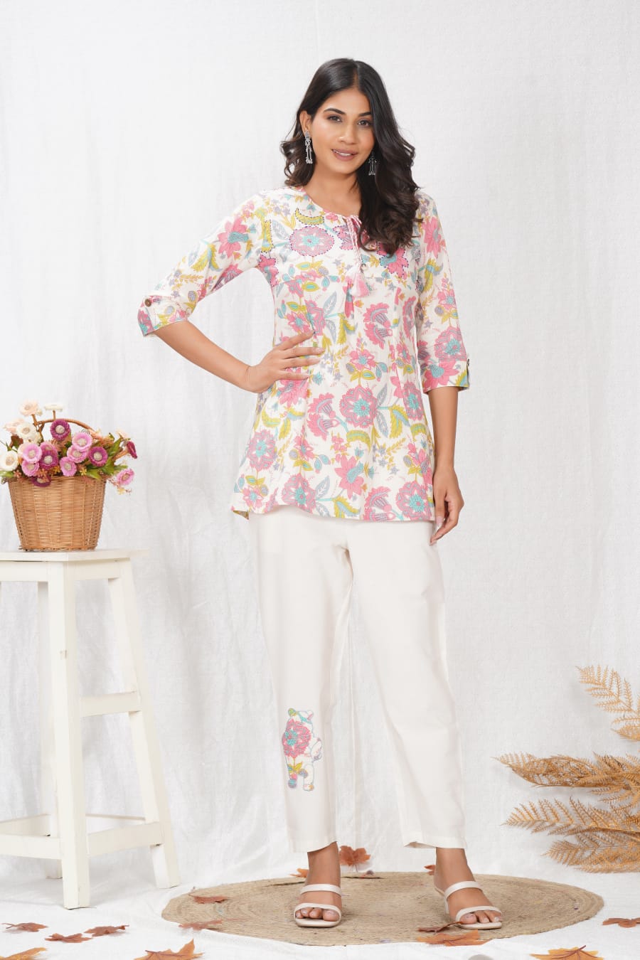 Floral Fusion Co-ord Set for Women – Tassel Tie-Up Top & Embroidered Pants - Naticraft